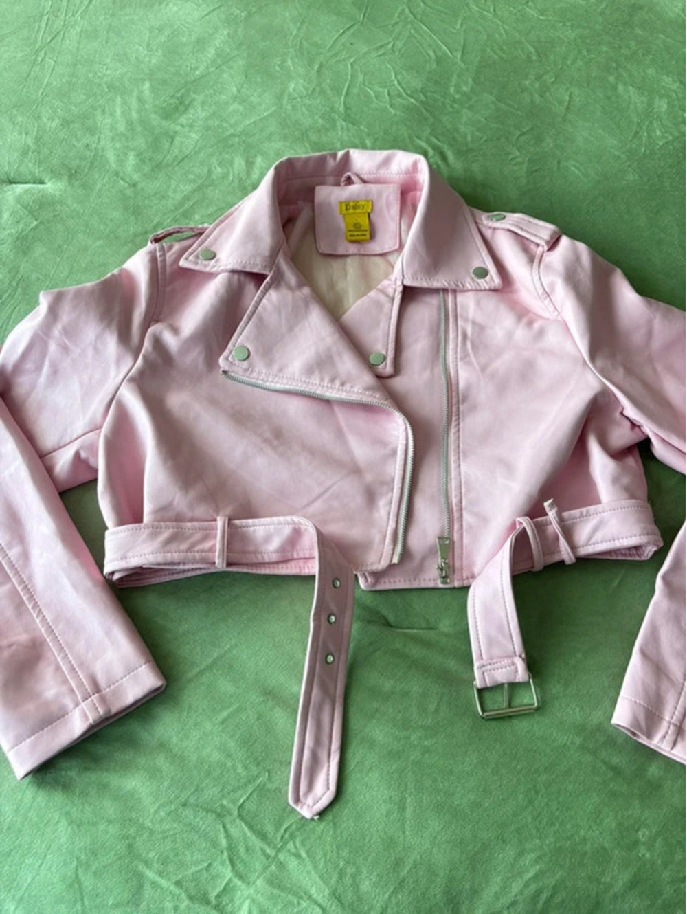 Daisy Pink Faux Leather Cropped Moto Jacket with Belt, Size L [COPY]